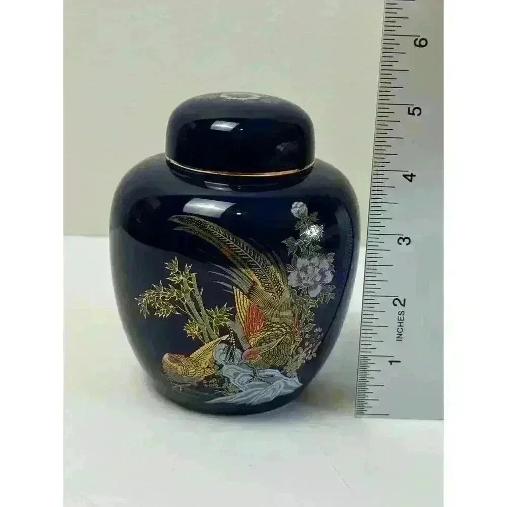 Vintage Royal Blue Porcelain Ginger Jar With Oriental Pheasant Scene EUC